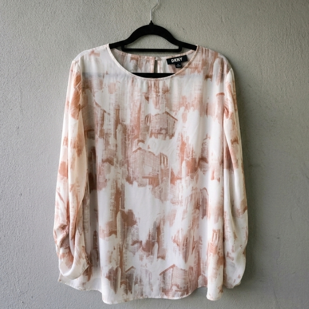 DKNY Women's Abstract Cream and Tan Flowy Blouse Top  Sz L